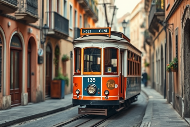 Create a high-resolution sketch of a vintage tram navigating through a narrow street in a charming urban setting, with a focus on intricate details and textures, using a DSLR camera with a 50mm lens, aperture set to f/1.8, ISO 200, and a slight tilt-shift effect to enhance depth.