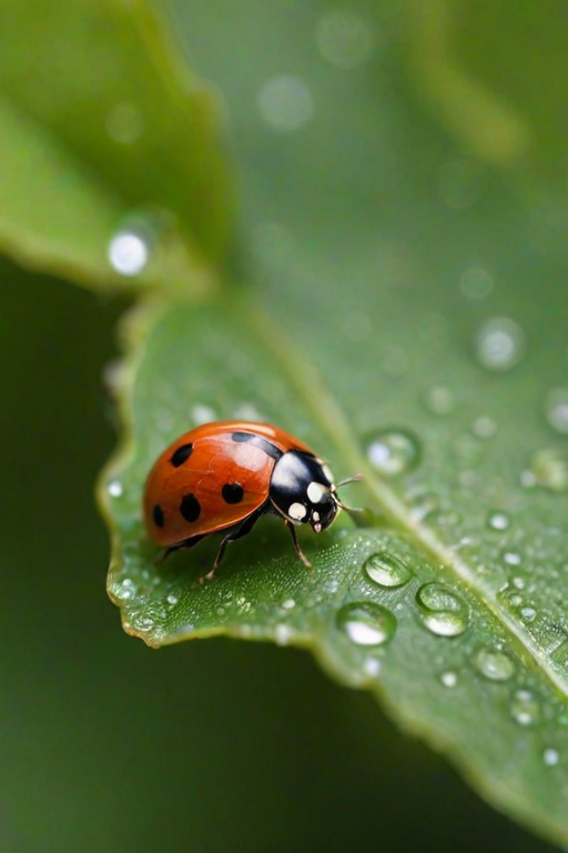 High-resolution close-up of a ladybug crawling across the edge of a bright green leaf, tiny dew droplets clinging to the leaf's surface, with soft morning light creating a peaceful atmosphere.