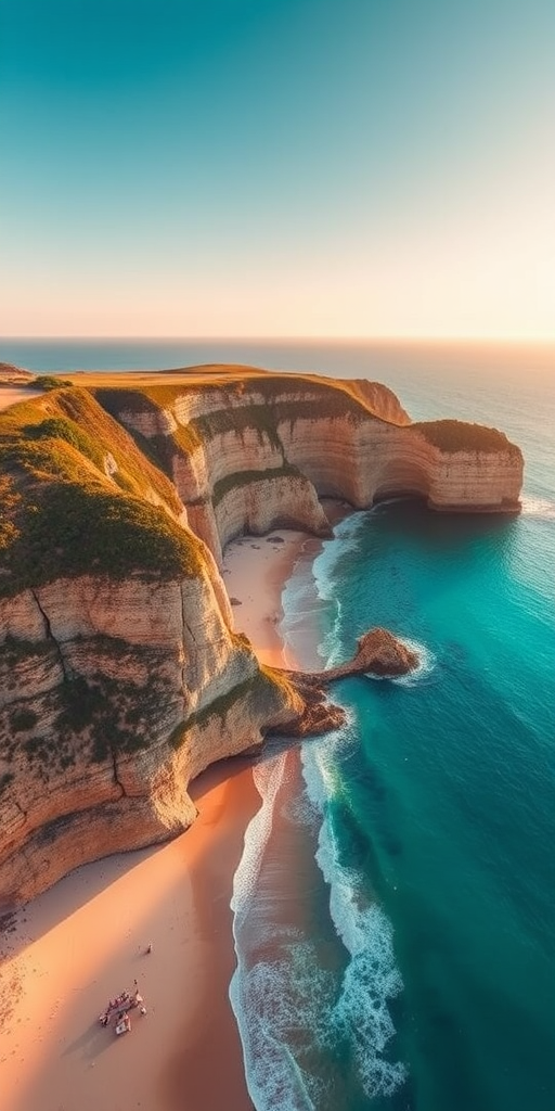 generate an aerial view of a coastal landscape featuring cliffs and a sandy beach, vibrant turquoise water, warm sunlight illuminating the scene, camera settings: f/8, ISO 100, shutter speed 1/200s, camera view: top-down perspective, camera style: vivid colors and sharp details, camera type: drone-mounted DSLR