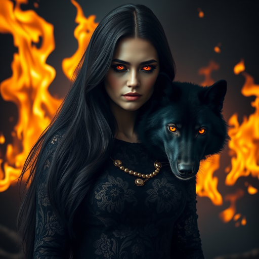 A woman with long dark hair, wearing a black lace dress that seamlessly blends into her skin with intricate floral patterns. She is in the foreground, with a black wolf beside her; its fur is midnight black, and it has glowing, intense, orange eyes that match hers. Her eyes are partially closed with burning embers above them, giving a fiery and mystical aura. The background is engulfed in tall, roaring flames, contributing to an overall dark and supernatural atmosphere. The colors are intense, predominantly black, fiery orange, and deep reds, with sharp contrast highlighting the mysterious and fierce theme. The flames are bright and dynamic, casting dramatic light and shadow, illuminating the woman and wolf while leaving parts in near darkness. The image evokes a sense of otherworldly power and connection between the woman and the wolf.
