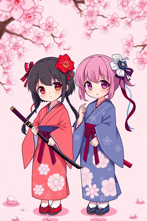 A vibrant digital illustration of two cute, chibi-style Japanese girls in traditional kimono, one holding a katana, standing under cherry blossoms with a soft pink background, captured with a Canon EOS R5, 50mm f/1.2 lens, aperture f/2.8, high saturation, and soft focus for a dreamy effect.