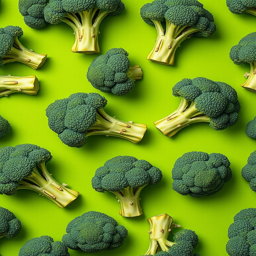 create a seamless pattern of hand-drawn broccoli on a vibrant green background, using a Canon EOS 90D camera with a 50mm f/1.8 lens, aperture set to f/2.8, ISO 100, natural lighting, top-down view, vibrant colors and sharp details