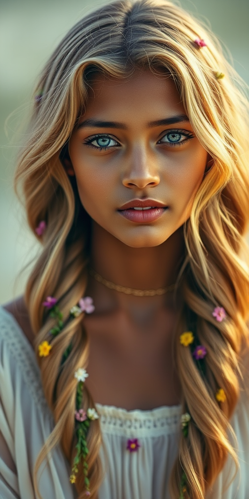 Create an image of a young Sri Lankan woman with long, wavy blonde hair, adorned with small, colorful flowers woven into her braids and loose strands. Her complexion is fair, with soft, glowing skin, and she has light blue eyes that gaze softly at the viewer. She wears a light, flowing dress with a gentle, ethereal quality, complementing her delicate and serene appearance. The background is slightly blurred, drawing focus to her tranquil expression and the intricate details of the flowers in her hair. The overall mood of the image is one of natural beauty and grace, evoking a sense of peacefulness and connection with nature.