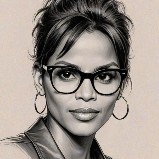 Superb Halle Berry, pencil sketch, portrait of Wonderful woman 1946s in glasses, hair style beatnik, outline, clear lines, fine lines, 8k