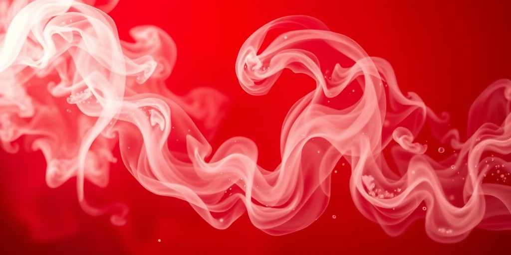 Create a high-resolution abstract image with a rich red background surrounded by swirling white smoke and glowing particles, using a 50mm lens, f/2.8 aperture, ISO 100, shot in low light with a DSLR camera from a frontal view, ensuring clarity and depth in the composition.