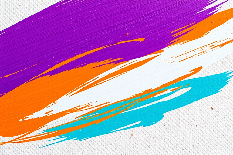 generate an abstract art design with vibrant brush strokes in purple, orange, white, and teal colors on a textured background, shot with a Canon EOS 5D Mark IV at f/8, ISO 100, 1/125s, in natural light, using a macro lens to enhance details and colors.