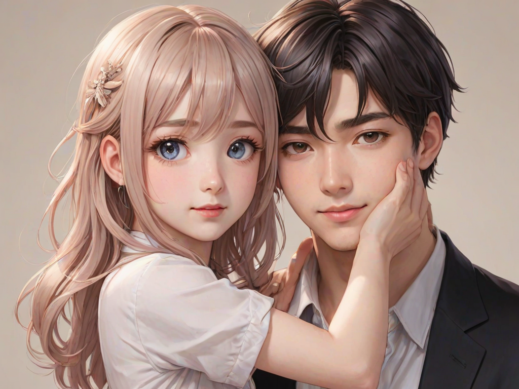high res image,masterpiece,best quality, cute face,clear skin,shiny hair,ultra detailed eyes,simple background, netorare, blush, 1boy, grabbing from behind,grabbing face
