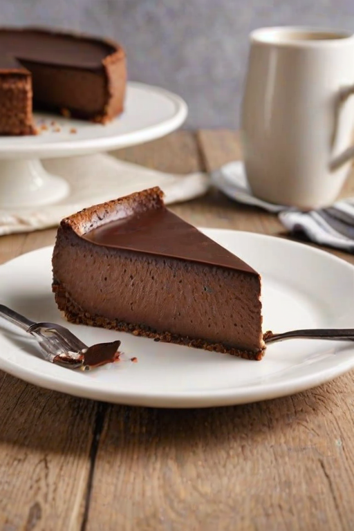 Create an image of a rich chocolate cheesecake on a round white plate. The cheesecake should have a smooth, glossy surface with a slice partially removed to reveal its creamy interior. The crust should be a dark, crumbly layer at the bottom, contrasting with the light chocolate color of the filling. The background should be a simple, elegant kitchen setting.