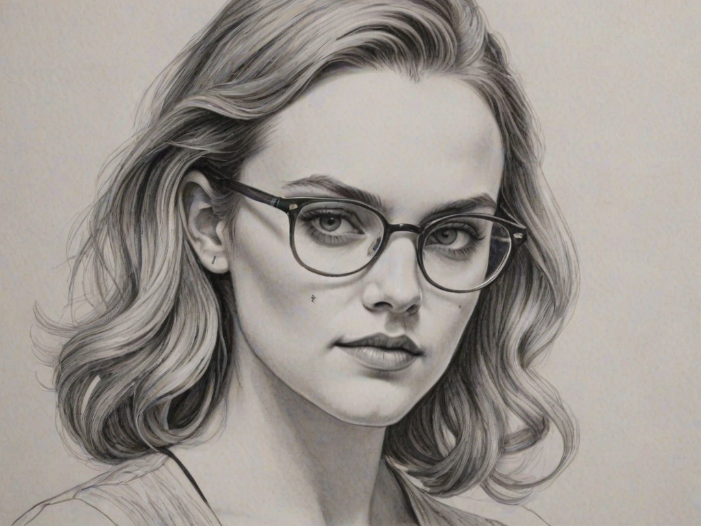 Resplendent Madeline Brewer, pencil sketch, portrait of Gorgeous woman 1935s in glasses, hair style beatnik, outline, clear lines, fine lines, 8k