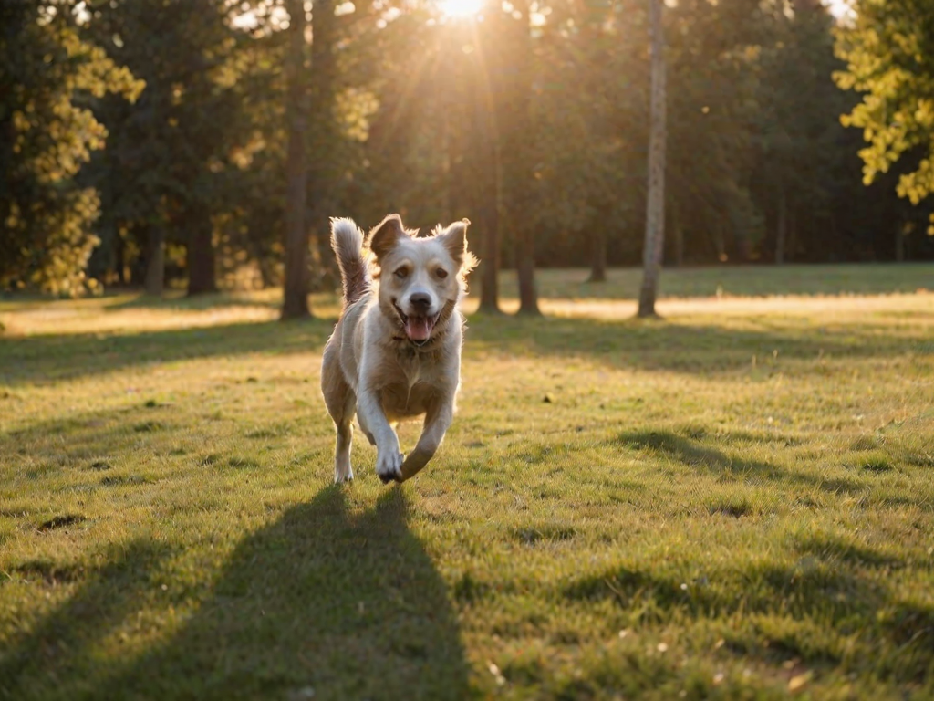 Blurry action shot of a dog chasing a ball through a sunlit field, soft golden light casting long shadows on the grass, with trees softly blurred in the distance.