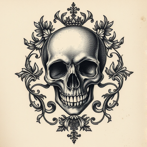 Vintage etching style tattoo named "Memento Mori" featuring intricate crosshatching and stippling techniques to create a hauntingly detailed skull surrounded by baroque flourishes and vanitas symbols meticulous line work mimics the appearance of a centuries-old engraving brought to life on skin