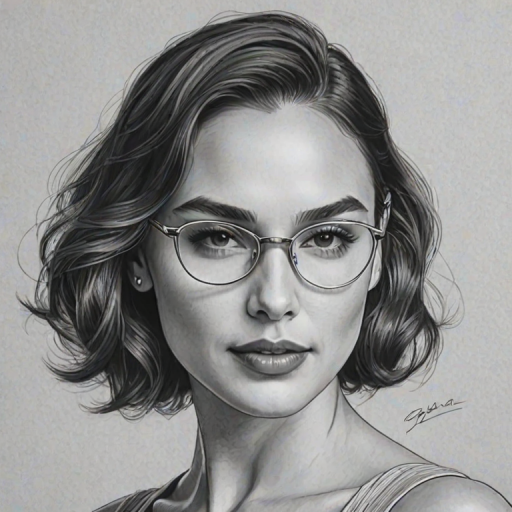 Ravishing Gal Gadot, pencil sketch, portrait of Attractive woman 1930s in glasses, hair style beatnik, outline, clear lines, fine lines, 8k