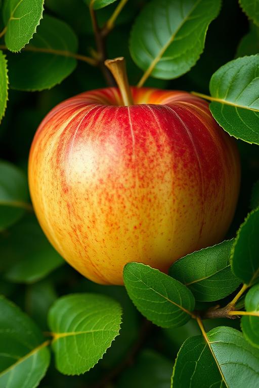 Regenerate a realistic illustration of a ripe apple with vibrant red and green colors surrounded by lush leaves, shot with a Canon EOS R5, f/2.8 aperture, 50mm lens, in a natural light studio setting to enhance details and color saturation.