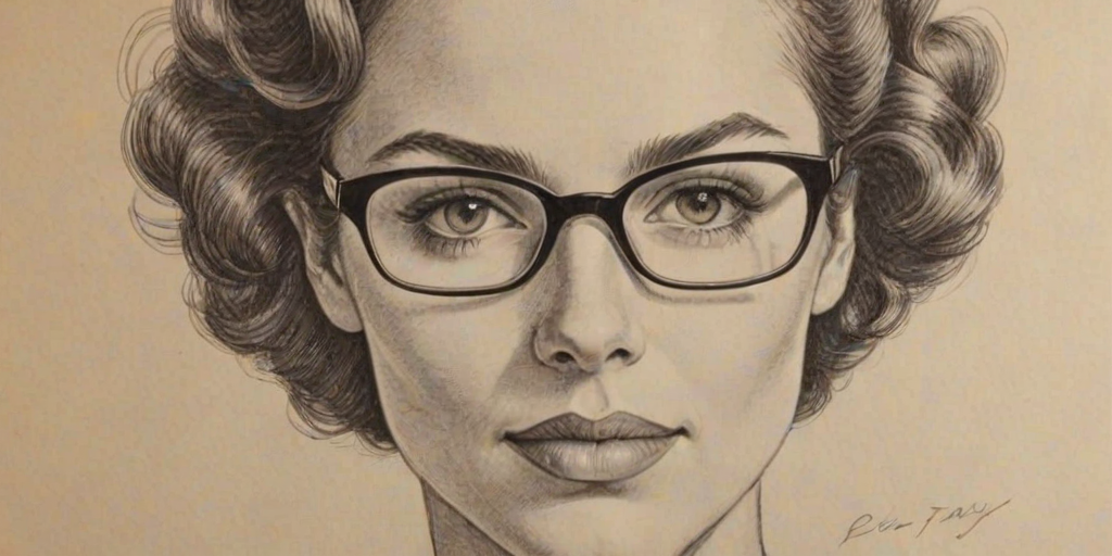 Graceful Brittany Bell, pencil sketch, portrait of Pleasing woman 1944s in glasses, hair style beatnik, outline, clear lines, fine lines, 8k