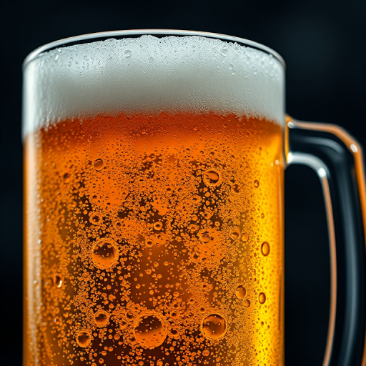 generate a hyper-realistic image of a frosty glass mug of light beer filled to the brim with bubbles, captured with a Canon EOS R5 at f/2.8, ISO 100, 1/200 sec, using a macro lens from a slightly tilted angle to emphasize the texture and clarity of the beer and glass.