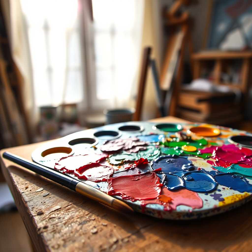 Sharp, detailed image of an artist's palette, vibrant paints smeared across its surface, a brush lying beside it, soft sunlight streaming into the studio, and the smell of acrylics lingering in the air.