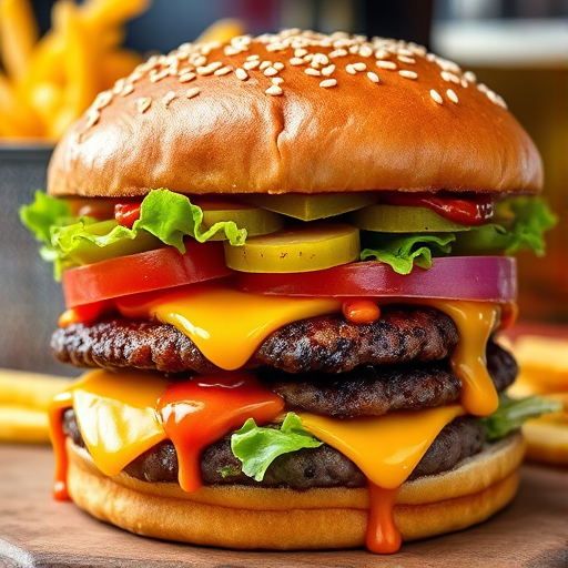 High-resolution, close-up image of a gourmet double cheeseburger. The burger features a glossy, sesame-seed-topped brioche bun. Inside, there are two thick, juicy beef patties, each topped with melted cheddar cheese. The burger is garnished with fresh lettuce, tomato slices, diced onions, and pickles. A generous amount of ketchup and a creamy, orange-colored sauce is dripping down the sides, adding to the mouth-watering appeal. In the background, there are blurred elements including a side of golden French fries and a hint of a beverage, enhancing the overall presentation of a delicious meal.
