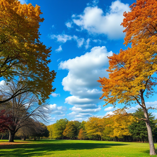 landscape of a park with trees changing colors under a blue sky with fluffy clouds, shot with a Canon EOS 5D Mark IV, aperture f/8, shutter speed 1/200 sec, ISO 100, wide-angle lens, vibrant colors, natural lighting, high dynamic range