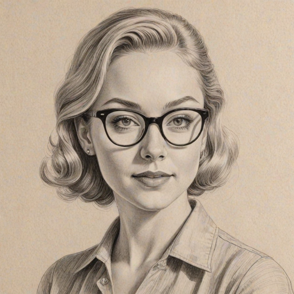 Captivating Emily Kinney, pencil sketch, portrait of Elegant woman 1953s in glasses, hair style beatnik, outline, clear lines, fine lines, 8k