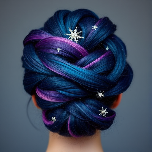 Celestial Galaxy Updo featuring a mesmerizing swirl of deep indigo purple and teal shades intermixed with shimmering silver star-like accents in an elaborate twisted bun