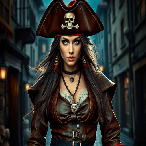 Create a portrait of a fierce female pirate. She wears a leather tricorn hat adorned with a skull and crossbones emblem, and her long, dark hair flows around her face. Her outfit consists of a richly detailed leather jacket, a corset, and multiple layers of belts and accessories, giving her a formidable and stylish appearance. She stands confidently in a dimly lit, historic port town, with a backdrop of weathered buildings and cobblestone streets, capturing the adventurous spirit of a pirate.