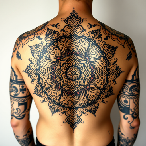 Ornate mandala tattoo covering the entire back with intricate patterns and sacred symbols in black and gold ink creating a stunning contrast against the skin