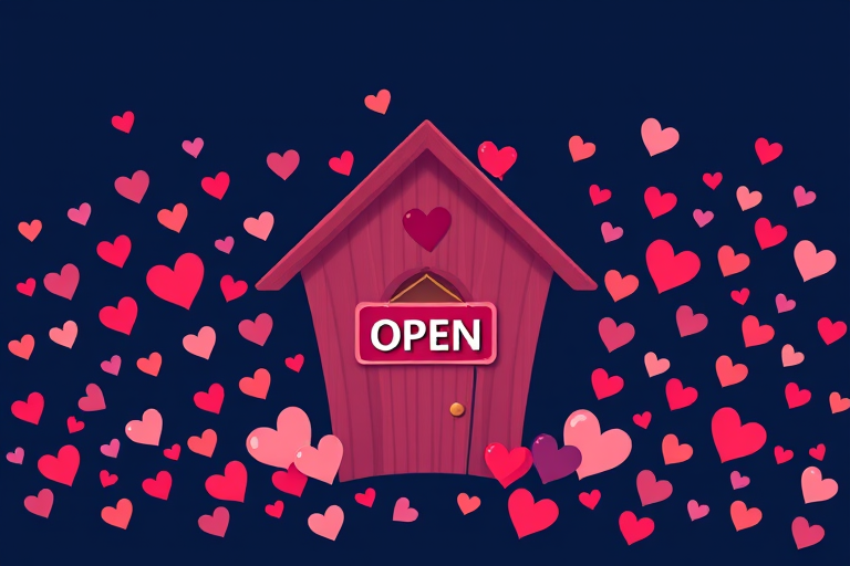 Create an illustration of a heart-shaped house with a sign that says OPEN, surrounded by a multitude of small, colorful hearts on a deep navy blue background, using a Canon EOS R5 camera with a 35mm lens at f/2.8, ISO 100, and a soft-focus style to enhance the vibrancy and depth of the colors.