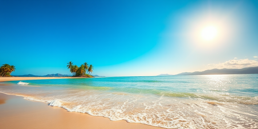 Create a vibrant heart-shaped beach scene featuring a clear blue sky, soft waves gently lapping the shore, lush green palm trees, and distant mountains with a warm sun positioned to the left, captured with a DSLR camera at f/8 aperture, 1/250 sec shutter speed, ISO 100, wide-angle lens, and in high dynamic range.