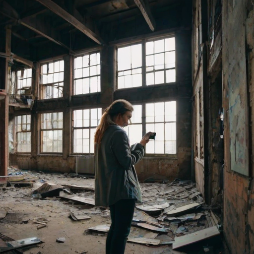 Abandoned factory building, with broken windows and rusted metal beams, a woman explores cautiously, her camera at the ready as she navigates the crumbling interior.