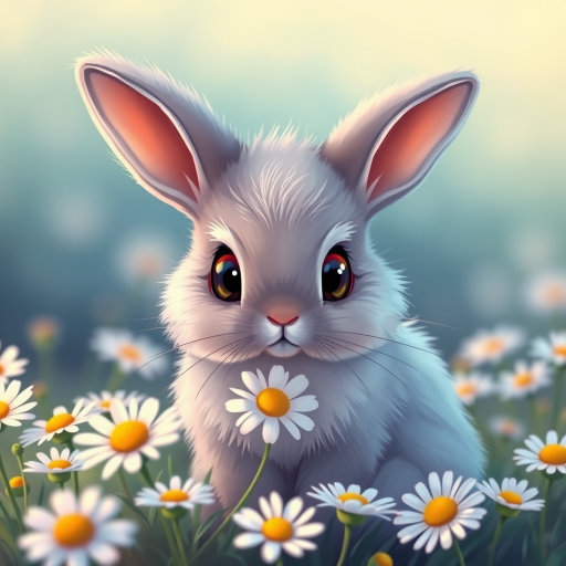 a cute fluffy rabbit with large eyes sitting in a field of daisies, soft pastel colors, shallow depth of field, 50mm lens, f/1.8 aperture, natural lighting, portrait orientation, digital illustration style