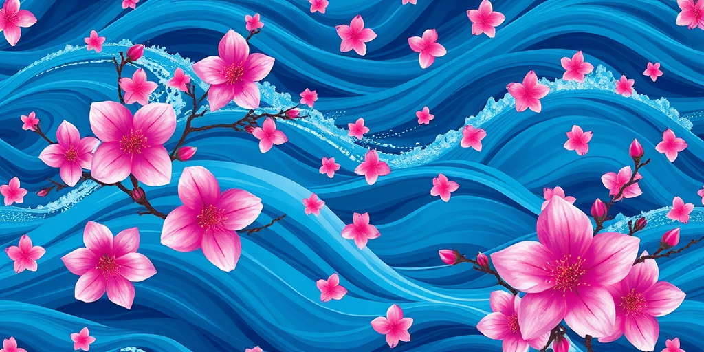 Create a vibrant digital pattern featuring flowing waves in deep blue with pink and purple cherry blossom flowers scattered throughout, using a high-resolution 35mm camera with a shallow depth of field, capturing the detail and texture of the floral elements.
