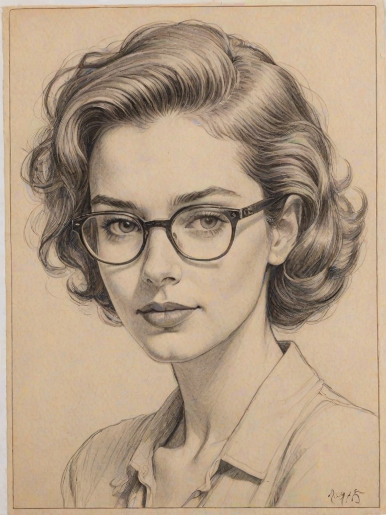 Appealing Dylan Gelula, pencil sketch, portrait of Sublime woman 1941s in glasses, hair style beatnik, outline, clear lines, fine lines, 8k