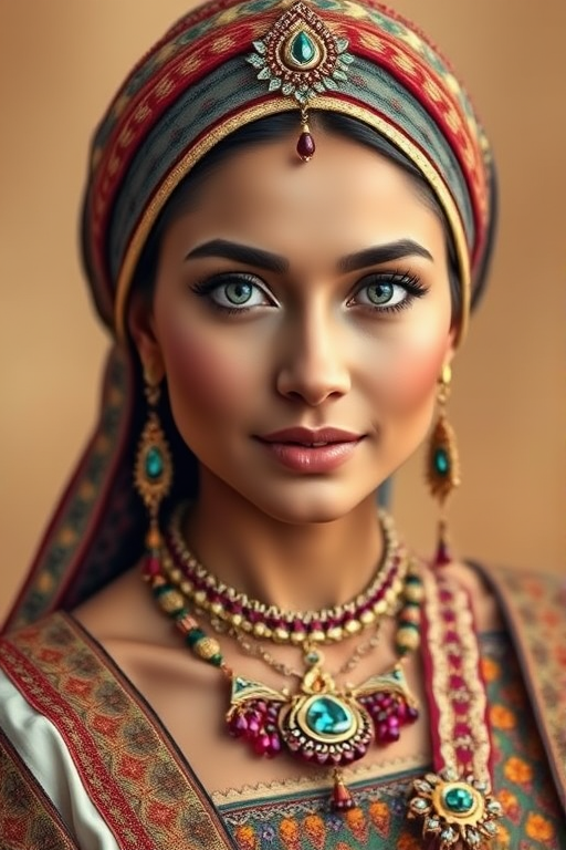 Create a portrait of a beautiful Hispanic woman with striking white eyes and a gentle expression. She is adorned in traditional attire with intricate patterns, including a richly embroidered headscarf and matching garments. Her jewelry includes a delicate headpiece, dangling earrings, and ornate bracelets, all featuring vibrant gemstones and detailed metalwork. The background is soft and warm, enhancing the rich colors of her outfit and jewelry.