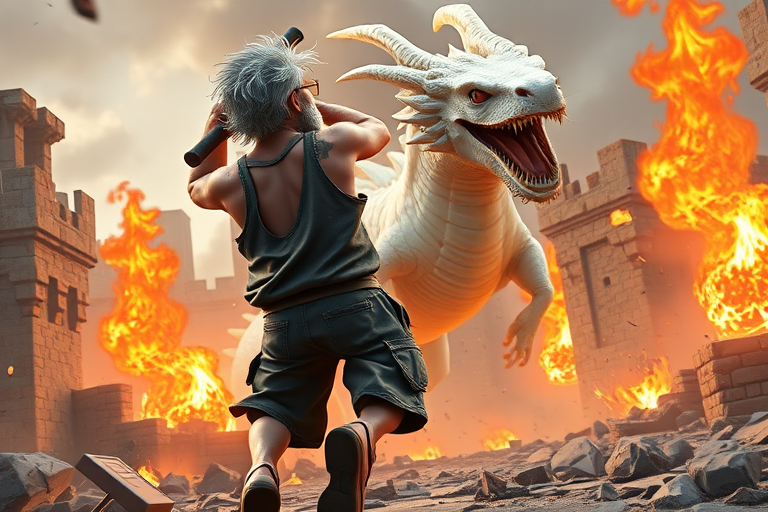 Cartoon 3D High-Resolution,dynamic battle scene using Unreal Engine 5 and Octane Render. The scene features back of an elderly, thai man with a beard,messy hair and round golden-rimmed glasses. He is wearing a tattered tank top with soot marks, shorts, and sandals. sweating. he wields a baseball bat. He jump to fight with a white fire-breathing Europe dragon amidst a partially destroyed stone castle. Include intense flames, smoke, and debris to enhance the dramatic effect.