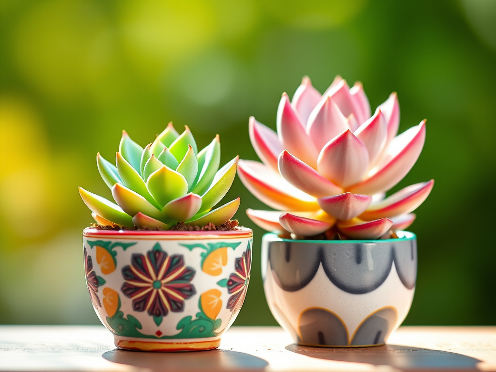 A vibrant and detailed illustration of two succulent plants in decorative pots, captured with a shallow depth of field using a DSLR camera, aperture f/2.8, focal length 50mm, natural light, with a slight gradient background to enhance colors and textures.