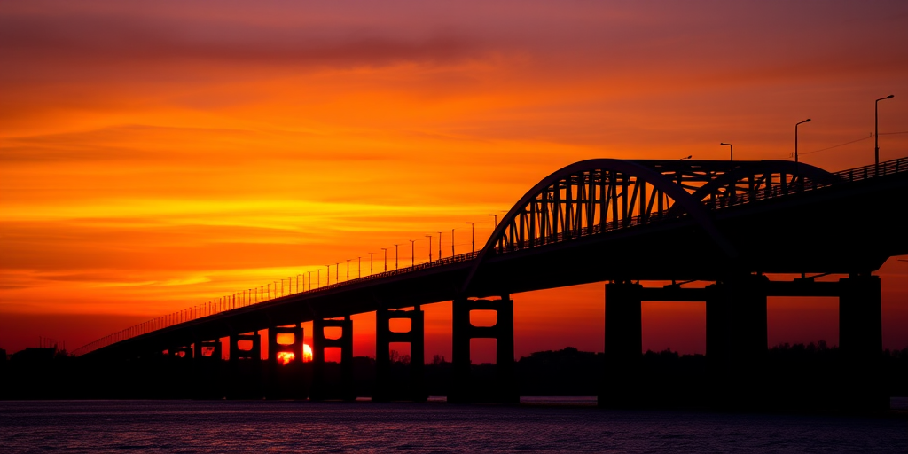 sunset over a bridge silhouetted against an orange and purple sky with calm water in the foreground, ISO 100, f/8, 1/200s, wide-angle lens, DSLR camera, HDR style