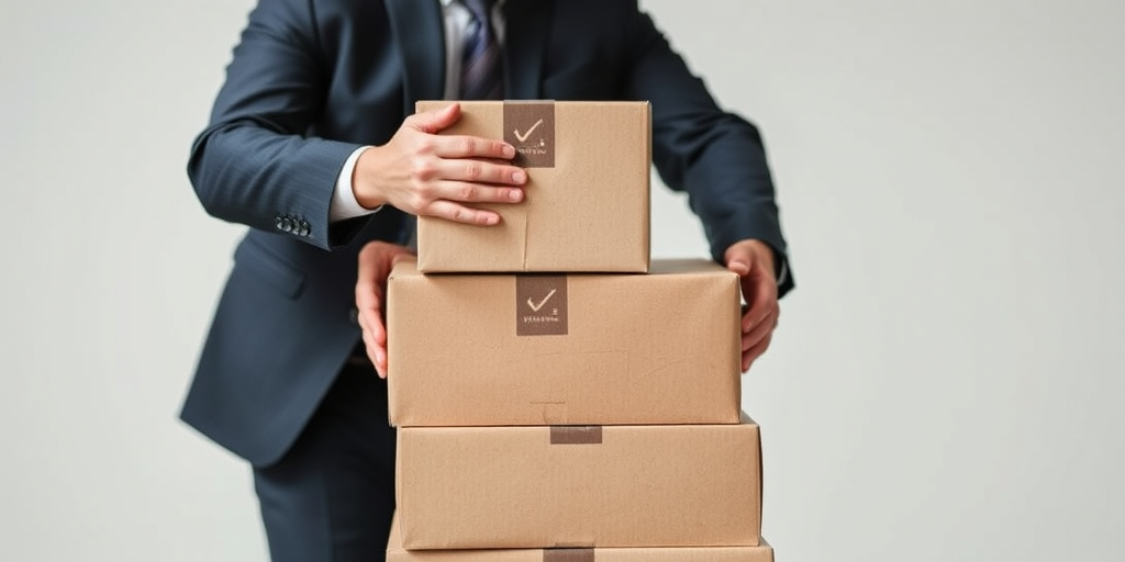 create an image of a businessperson in a suit lifting several stacked cardboard boxes with a minimalist background focus on depth of field, using a DSLR camera with an aperture of f/2.8, ISO 100, and a focal length of 50mm to enhance clarity and detail