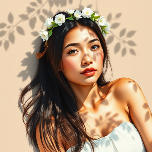 create a watercolor painting of an ethereal portrait of beautiful First Nations woman with a simple white flower crown on her head. Her hair is long and she is lying on the ground. The sunlight on the trees casts shadows from the leaves on her face and body. The background is a neutral brown color that matches her skin tone. The image is minimalist and solid colors. This style is characterized by soft, delicate brushstrokes and a light, airy, contrasting color palette. High level of detail and play of light