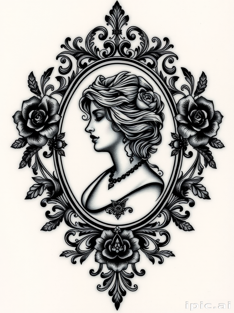 Gothic Victorian tattoo featuring an intricate cameo portrait surrounded by ornate filigree and dark floral elements, rendered in a monochromatic palette with subtle gray shading
