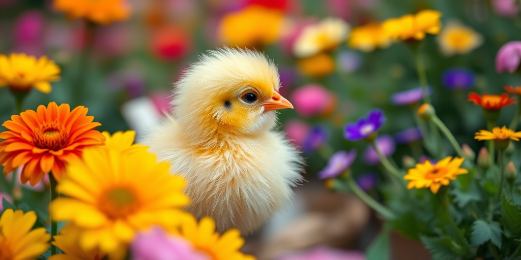 A fluffy yellow chick standing among colorful flowers in a vibrant garden, shot with a shallow depth of field at f/2.8, 50mm lens, soft lighting, vibrant colors, DSLR camera, close-up perspective.