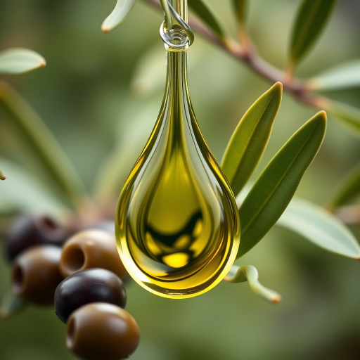 Generate a high-resolution image of a stylized olive oil drop with green leaves and olives, using a DSLR camera with a 50mm lens, aperture set to f/2.8, ISO 100, natural lighting, and a shallow depth of field for a smooth background.