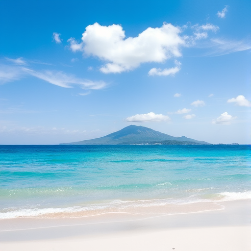 Generate a high-resolution image of a serene beach scene with a clear blue ocean and a distant mountain under a partly cloudy sky, captured with a DSLR camera, 24mm lens, f/8 aperture, 1/125 sec shutter speed, ISO 100, with a wide-angle view for enhanced perspective.