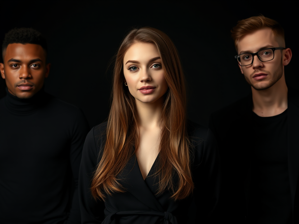 portrait of three stylish individuals in black clothing against a dark background, focus on the woman in the center with long brown hair and a confident expression, use a Canon EOS R5, 50mm lens, aperture f/1.8, ISO 100, soft box lighting for even illumination, shallow depth of field for background blur