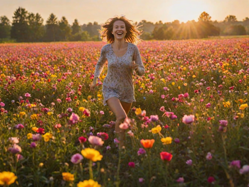 Vibrant flower field, petals shimmering in the golden light of late afternoon, a woman running joyfully through the blooms, her laughter echoing in the breeze.