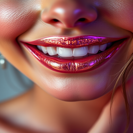 Mesmerizing woman lips adorned with holographic shimmer in iridescent rose gold, full face capture revealing enchanting smile and radiant skin