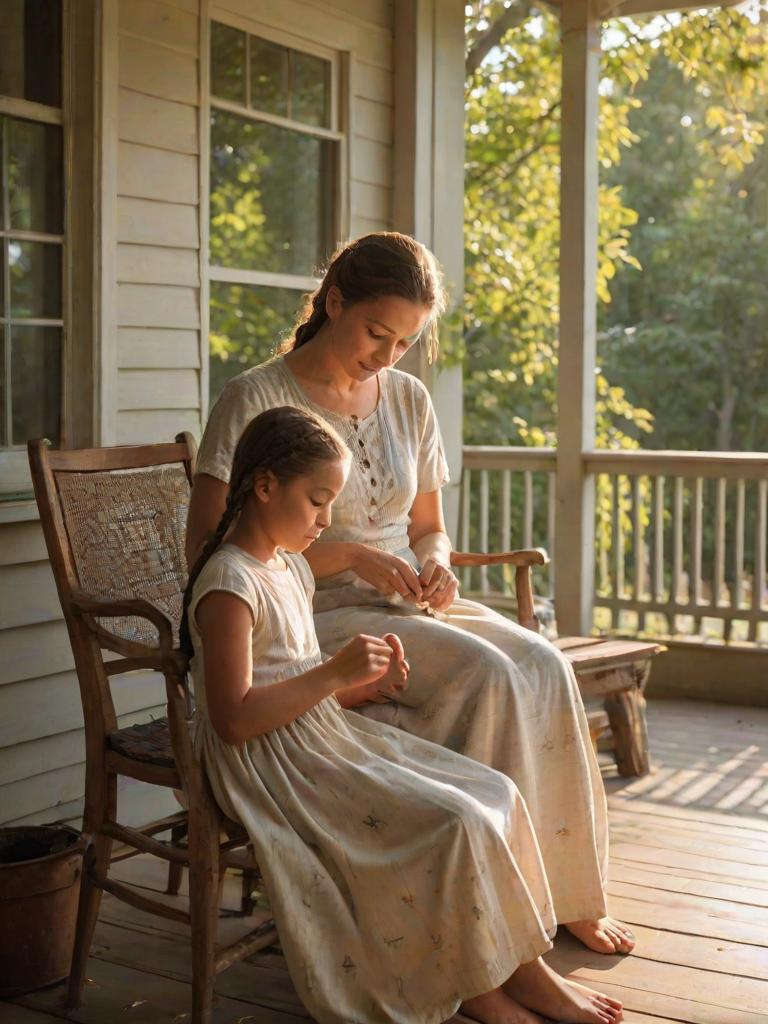 Warm, intimate image of a mother braiding her daughter's hair on a sunlit porch, soft sunlight filtering through the leaves of nearby trees, birds chirping in the distance, and a sense of tenderness and connection.