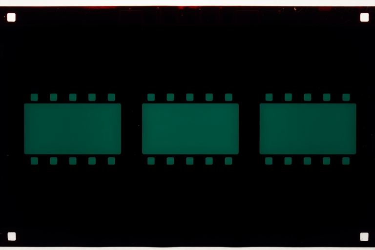 Film strip with five empty frames, high resolution, ISO 100, aperture f/8, 50mm lens, shot from a straight-on perspective, using a digital DSLR camera.