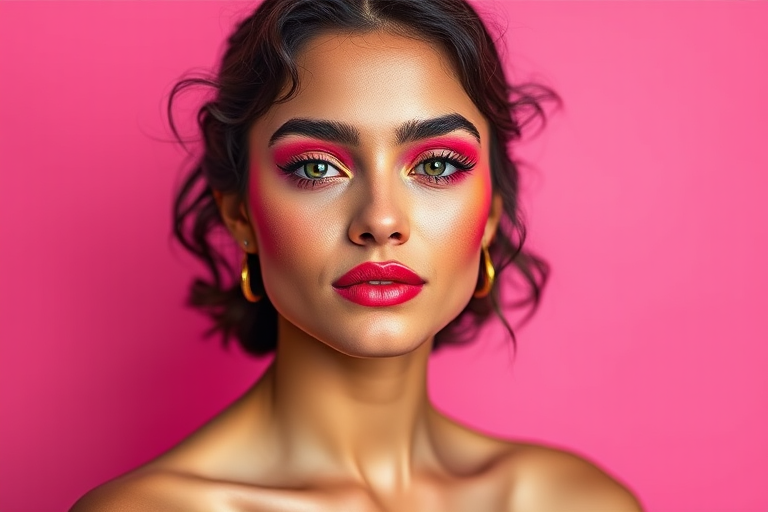 Create a high-resolution portrait of a model with vibrant makeup featuring pink and yellow shades, against a solid pink background, captured with a Canon EOS R5, 50mm lens, f/1.8 aperture, ISO 100, natural lighting, and a shallow depth of field to enhance detail and color vibrancy.