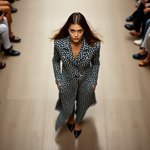 Capture the model from a high angle, emphasizing the outfit’s pattern and silhouette. Use a 35mm prime lens to maintain sharpness and minimize distortion