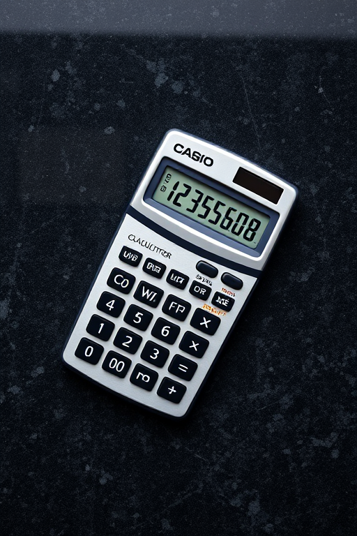 A CASIO calculator resting on a dark granite surface, overhead view, f/2.8, ISO 100, 1/60s, shot with a DSLR camera for high detail and clarity
